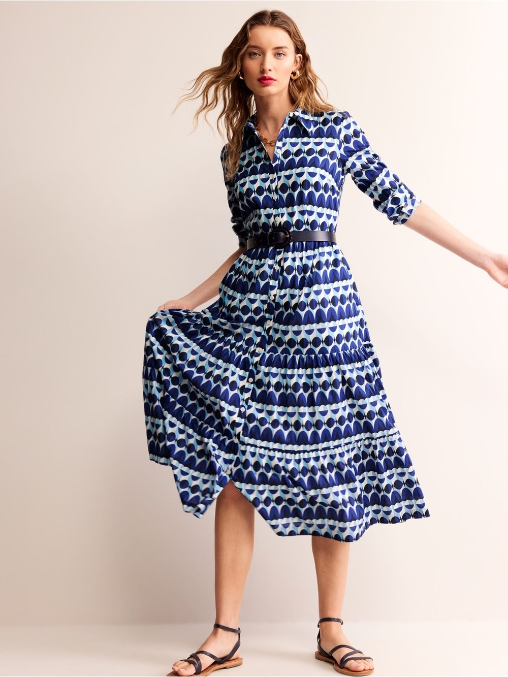 Boden Flo Cotton Midi Blue and Navy Tiered Patterned Shirt Dress - US 14 UK 18